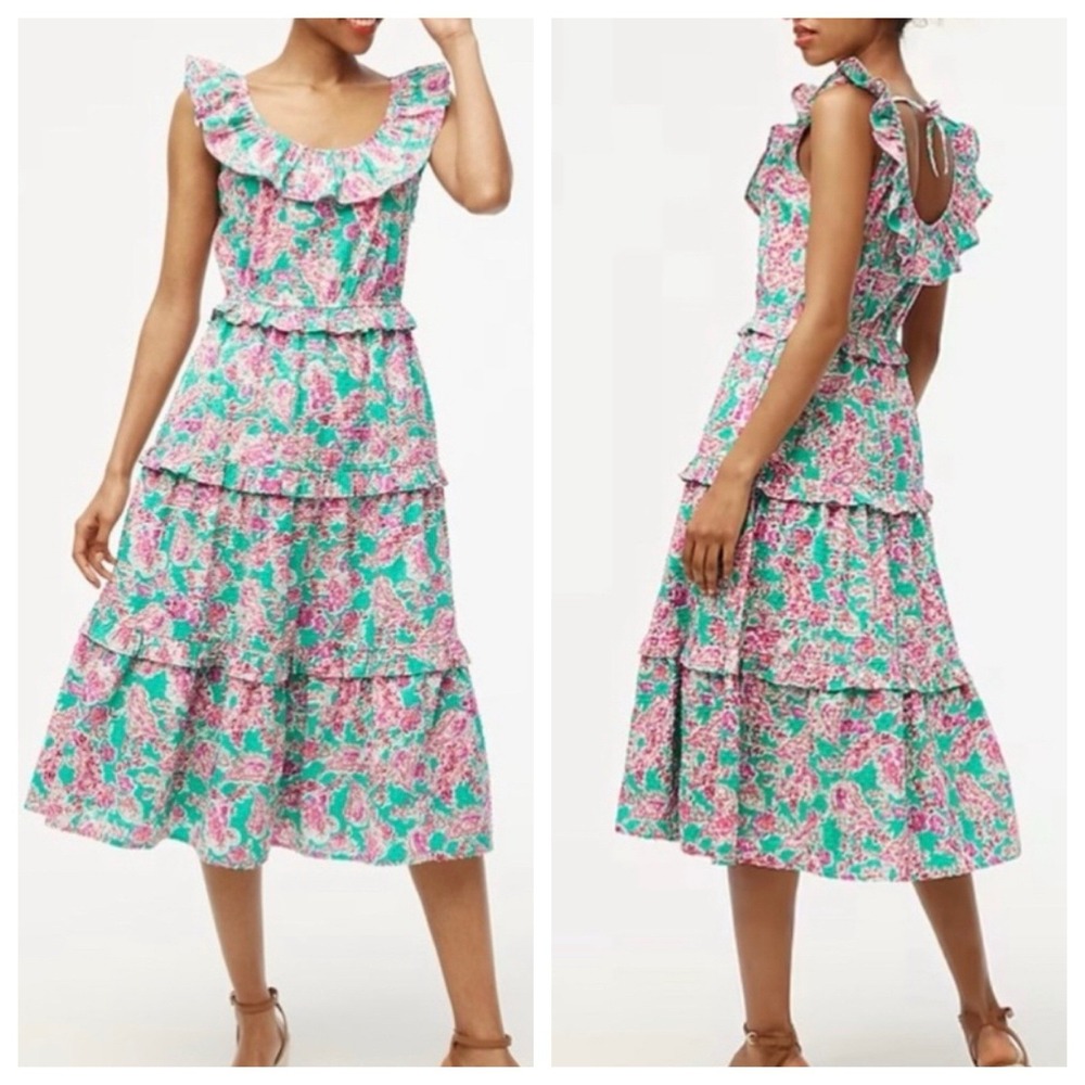 NWT J Crew Printed Ruffle Midi Dress Size 2 Swiss Dot Floral Cotton‎ Pockets